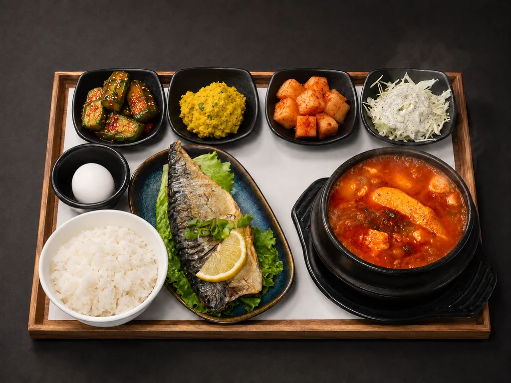 Grilled Mackerel + Seafood Soft Tofu Stew